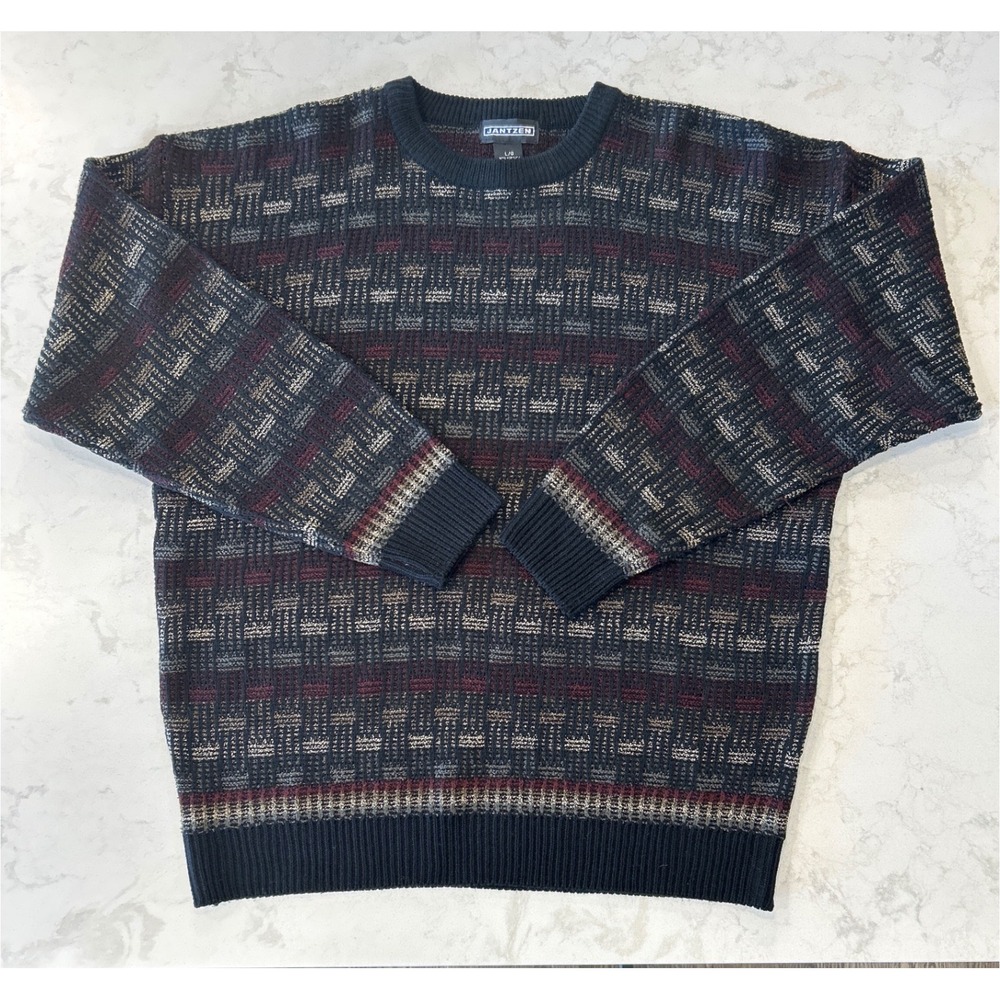 Jantzen Mens Vintage Geometric Knit Crewneck Sweater Large Black Burgundy Grey